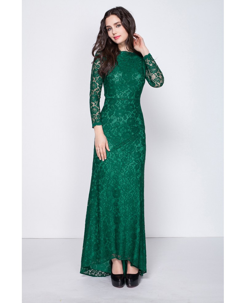 Gorgeous Dark Green Long Sleeved Full Lace Mermaid Evening Dresses with Open Back - Click Image to Close