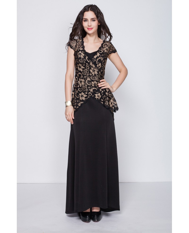 Mature Unique Elegant Black Long Lace Dress