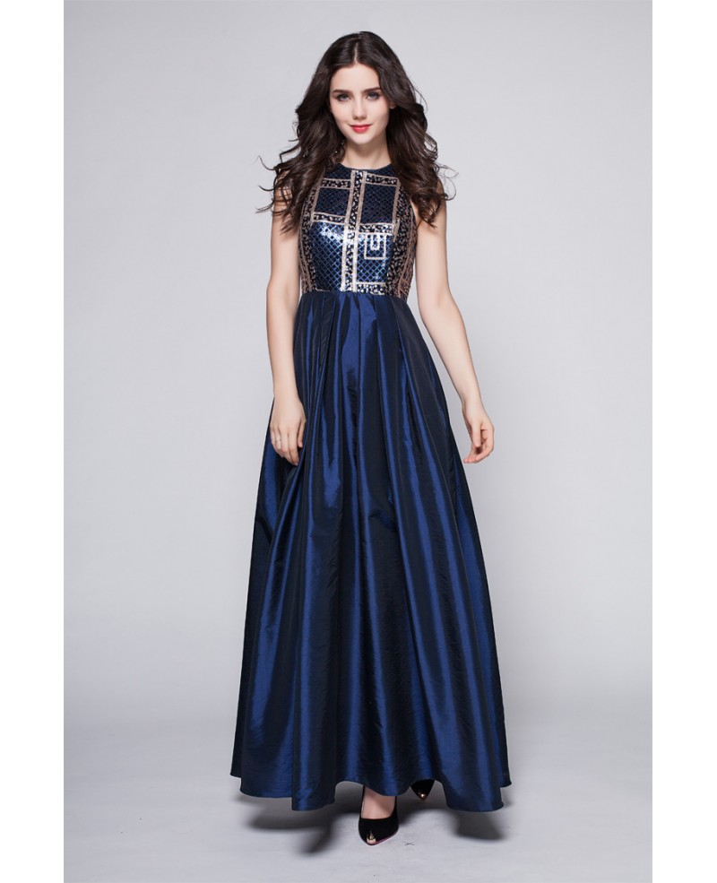 Elegant Taffeta Blue Exotic Sequined Long Formal Dress