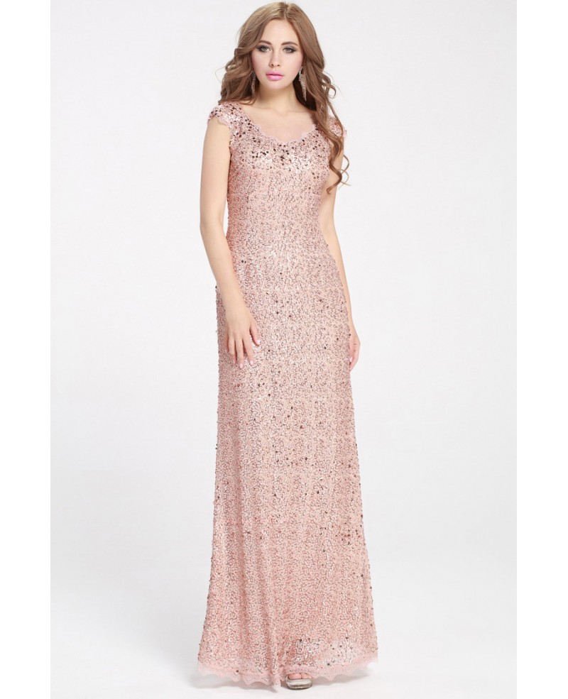 Long Pink Sparkly Sequins Pageant Dress with Cap Sleeves - Click Image to Close