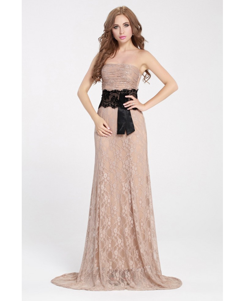 Nude Lace Long Evening Dress with Black Sash