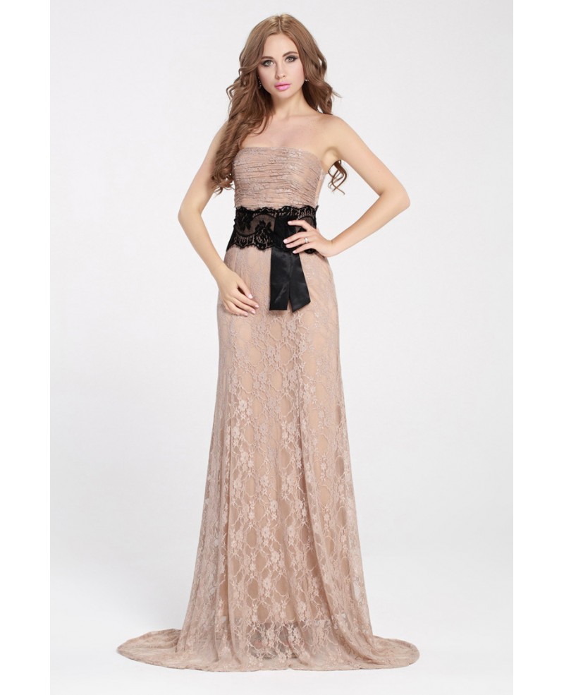 Nude Lace Long Evening Dress with Black Sash