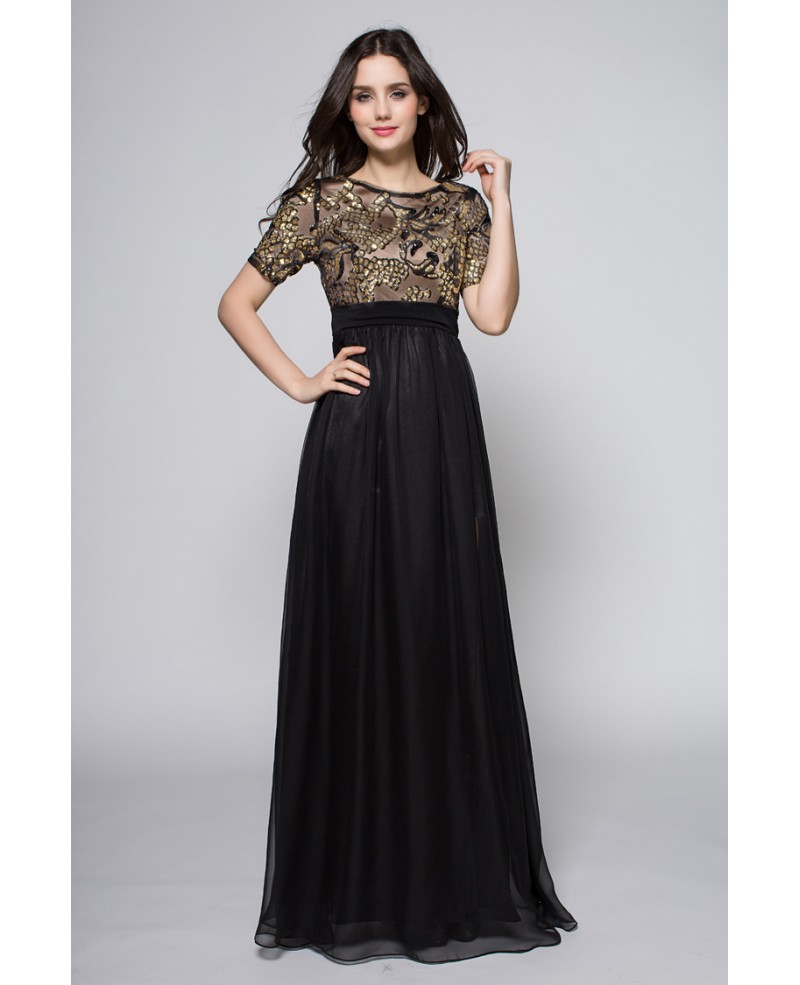 Black Gold Sequined Short Sleeve Chiffon Formal Dress - Click Image to Close