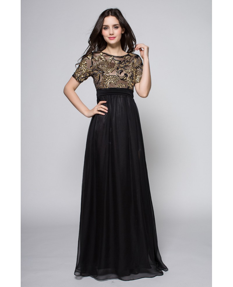 Black Gold Sequined Short Sleeve Chiffon Formal Dress