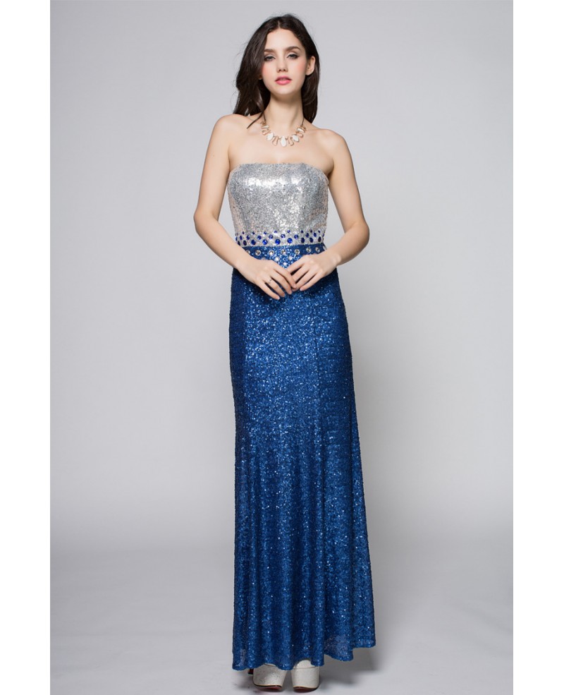 Blue and Silver Sparkly Sequins Party Dress Strapless