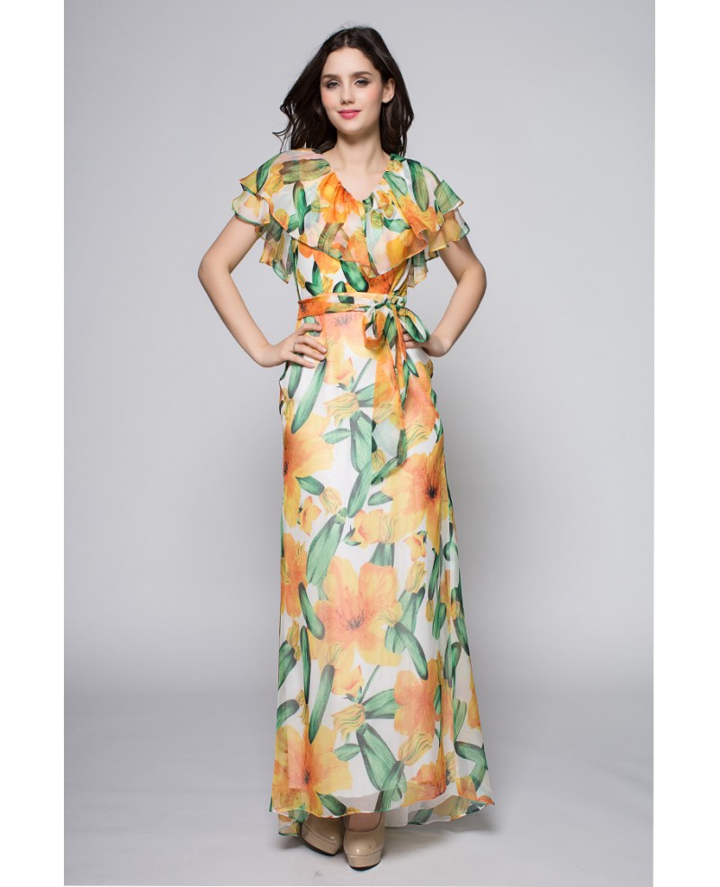 Flowing Chiffon Bohemia Pinted Long Dress Summer Holiday