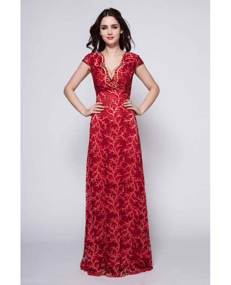 Red and Gold Lace Long Wedding Party Dress Cap Sleeves