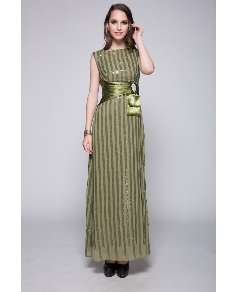 Striped Lime Green Sequins Long Dress With Sash