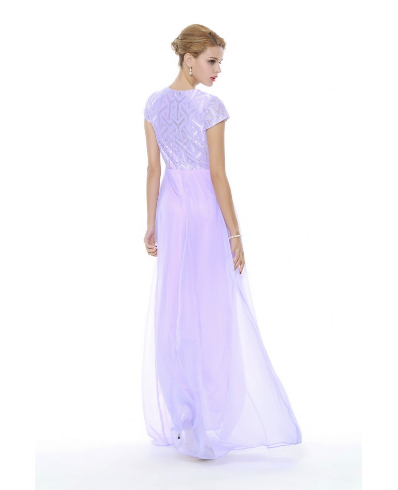 Lilac Chiffon Short Sleeved Homecoming Dress Long - Click Image to Close