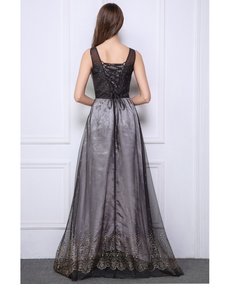 Elegant A-Line Embroidered Tulle Floor-Length Evening Dresses