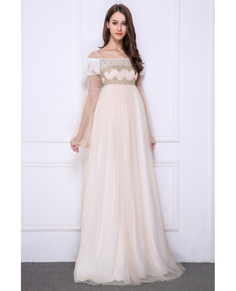 Feminine Empire Embroidered Tulle Floor-Length Prom Dress With Long Sleeves