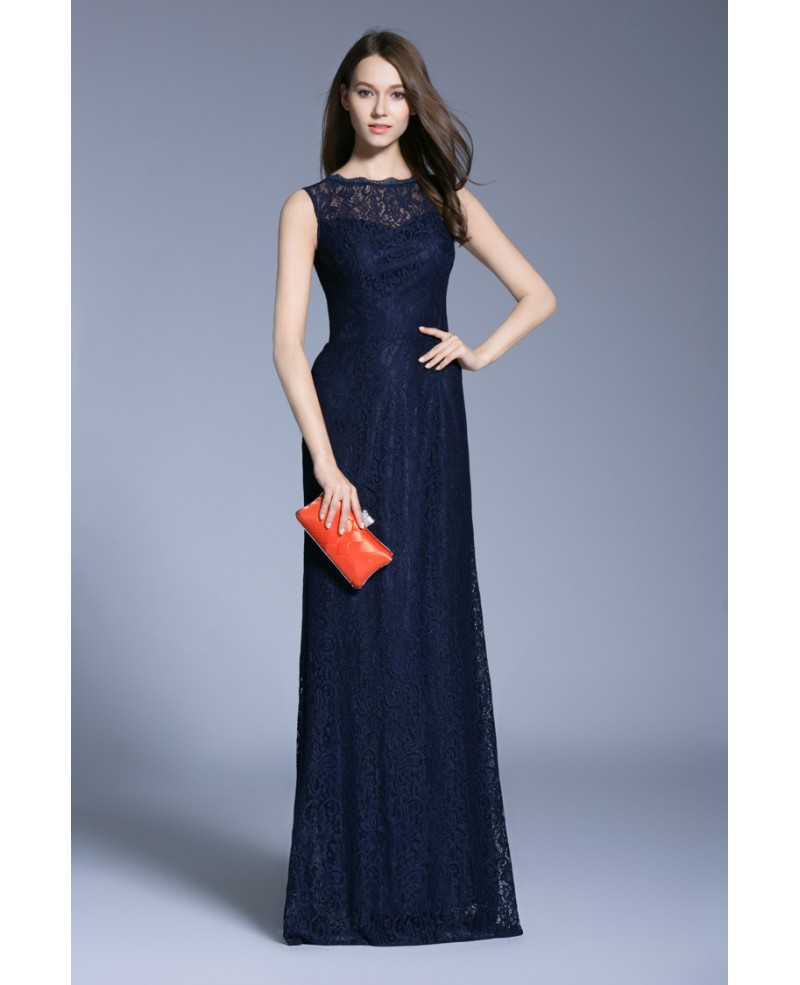 Navy Blue Modest A-Line Lace Floor-Length Formal Dress