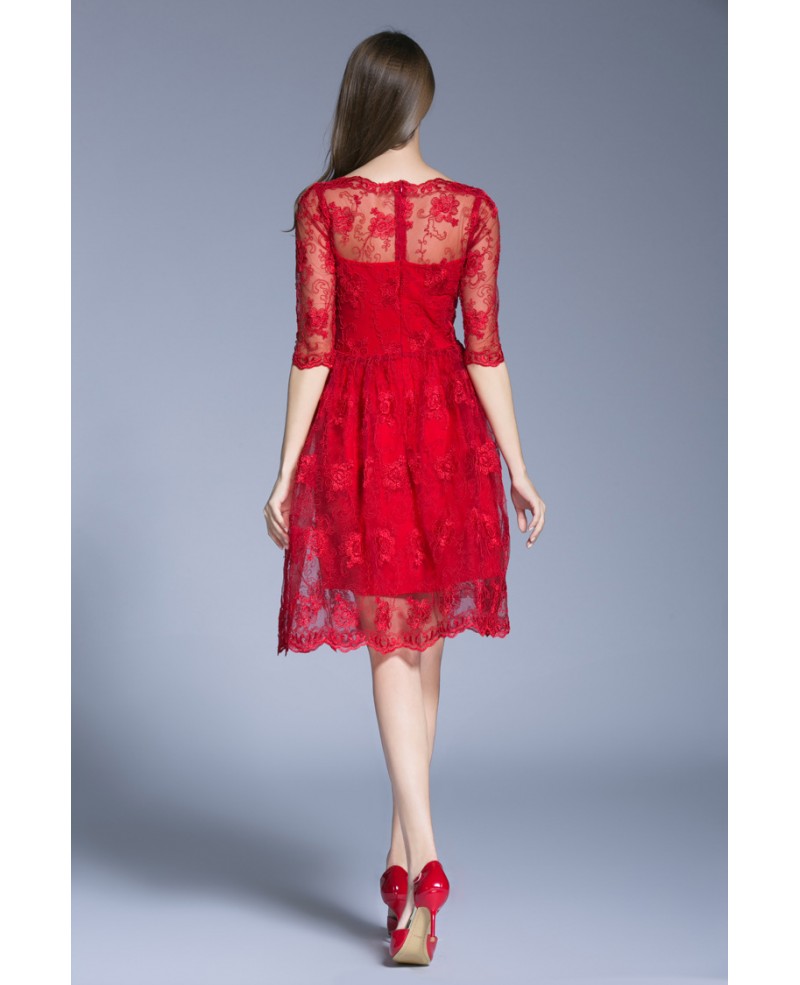 Modest A-Line Red Lace Knee-Length Cocktail Dresses With Sleeves - Click Image to Close