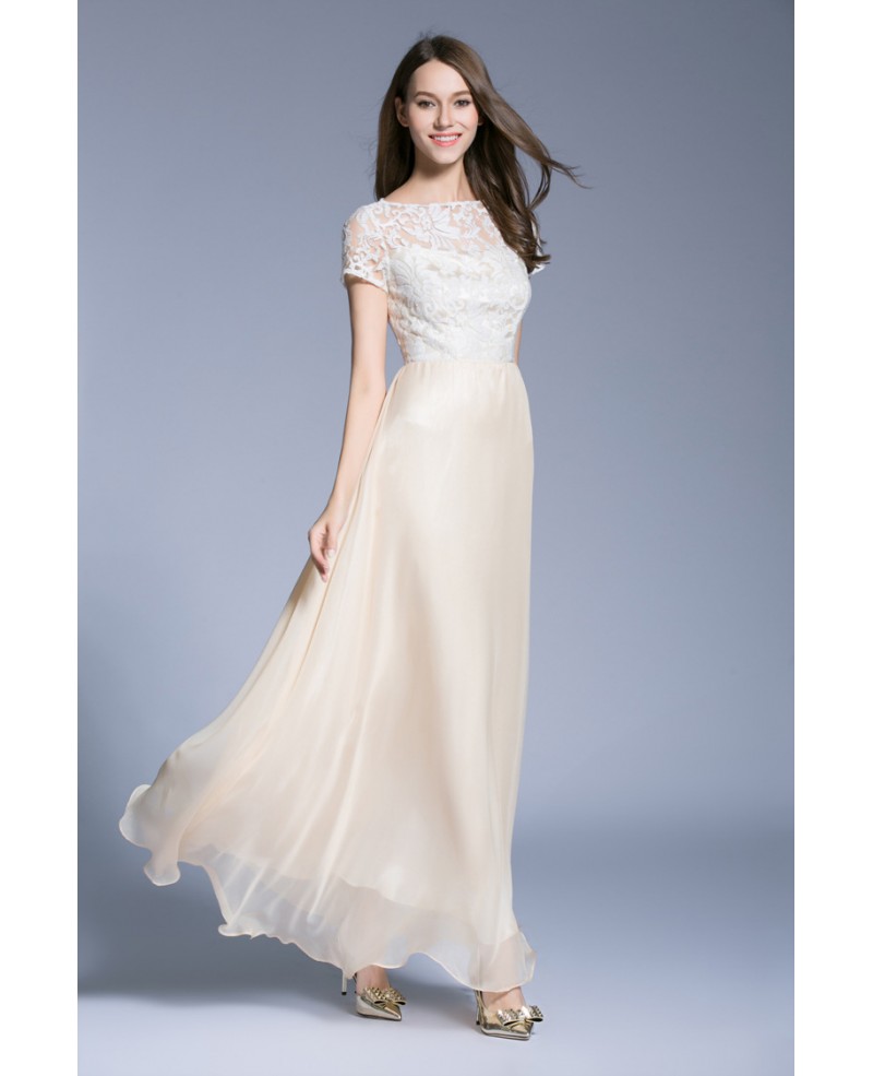 Feminine A-Line Lace Organza Long Prom Dress With Short Sleeves