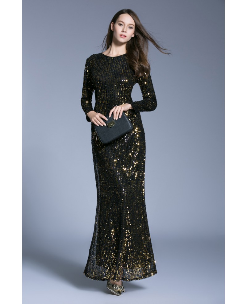 Chic Sheath Sequined Evening Dresses With Long Sleeves - Click Image to Close