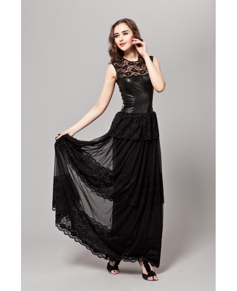 Chic A-Line Scoop Neck Lace Leather Evening Dress
