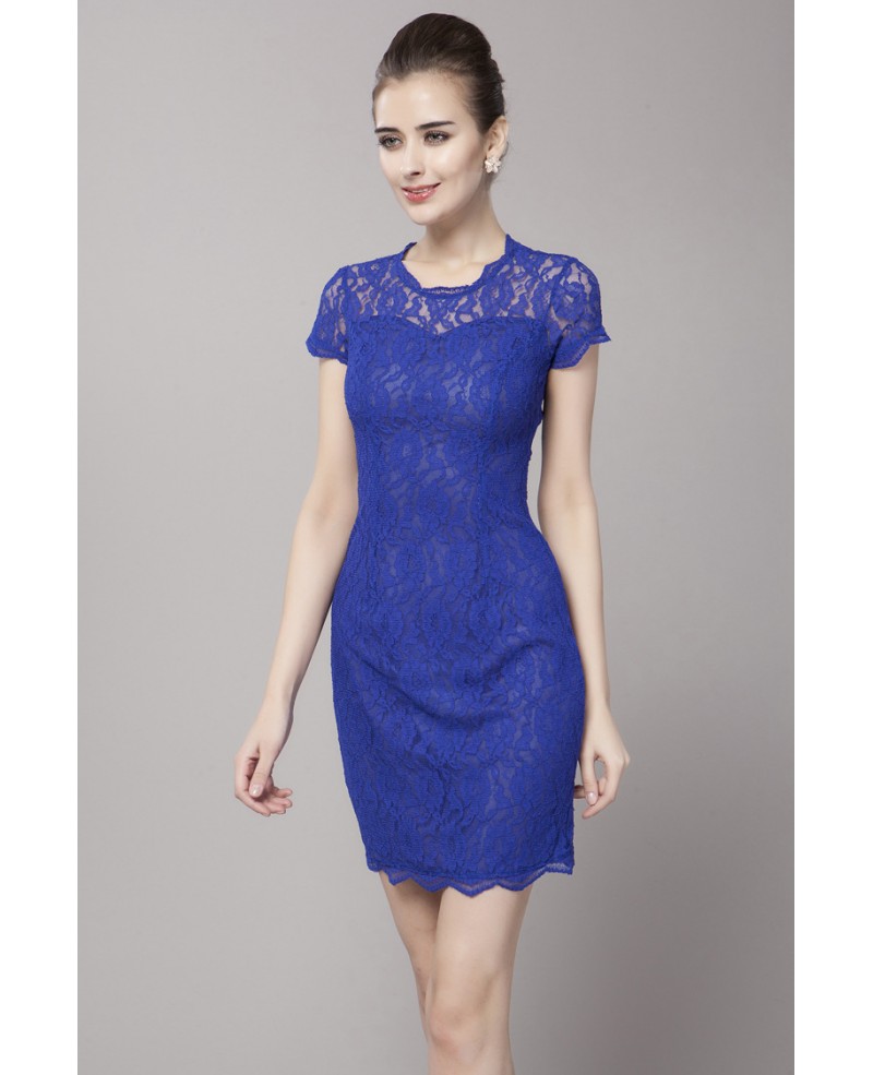 Body Fitted Little Short Dress Blue Lace Short Sleeves