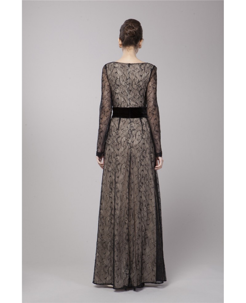 Elegant A-Line Lace Long Evening Dress With Long Sleeves