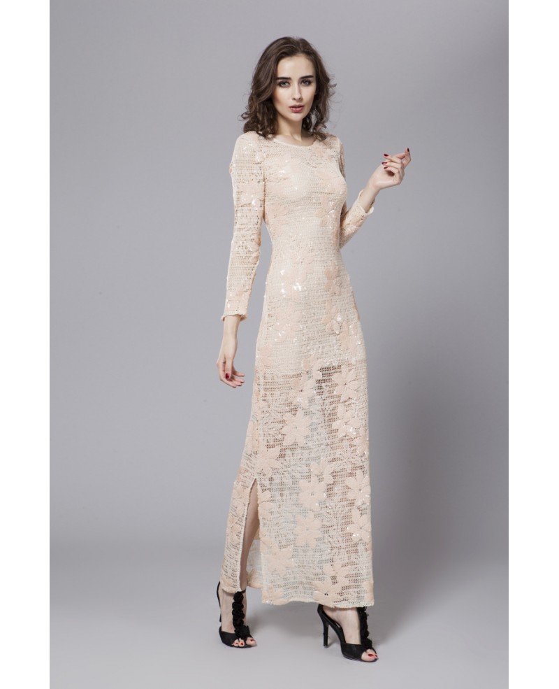 Modest A-Line Embroidered Dress With Long Sleeves - Click Image to Close