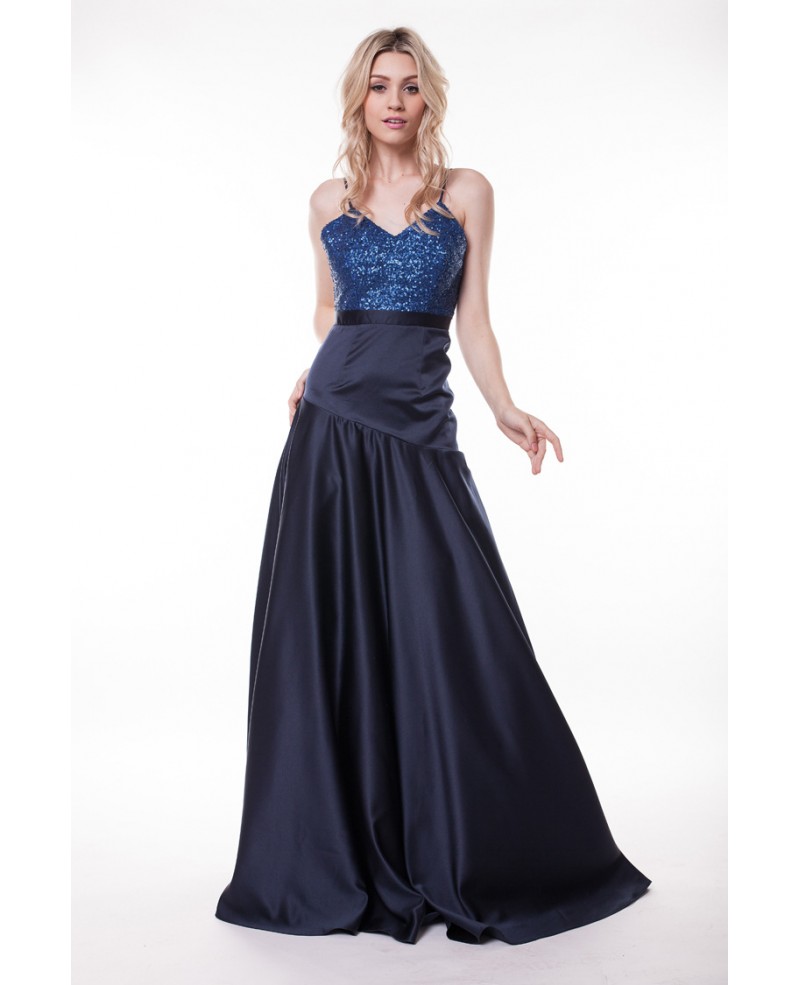 Sexy V-neck Sequined Satin Floor-Length Prom Dress With Open Back