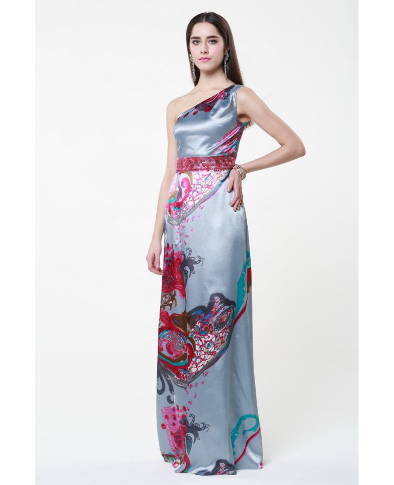 Chinese Style One Shoulder Floral Print Floor-Length Dress