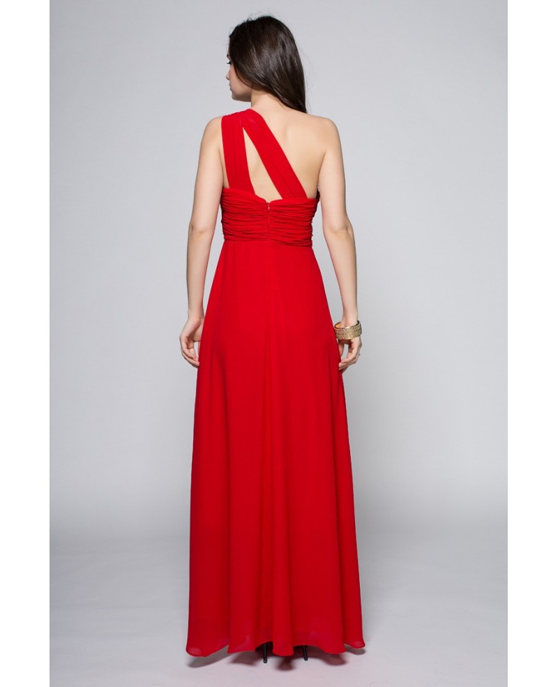 Red Pleated One Shoulder Long Bridesmaid Dress - Click Image to Close