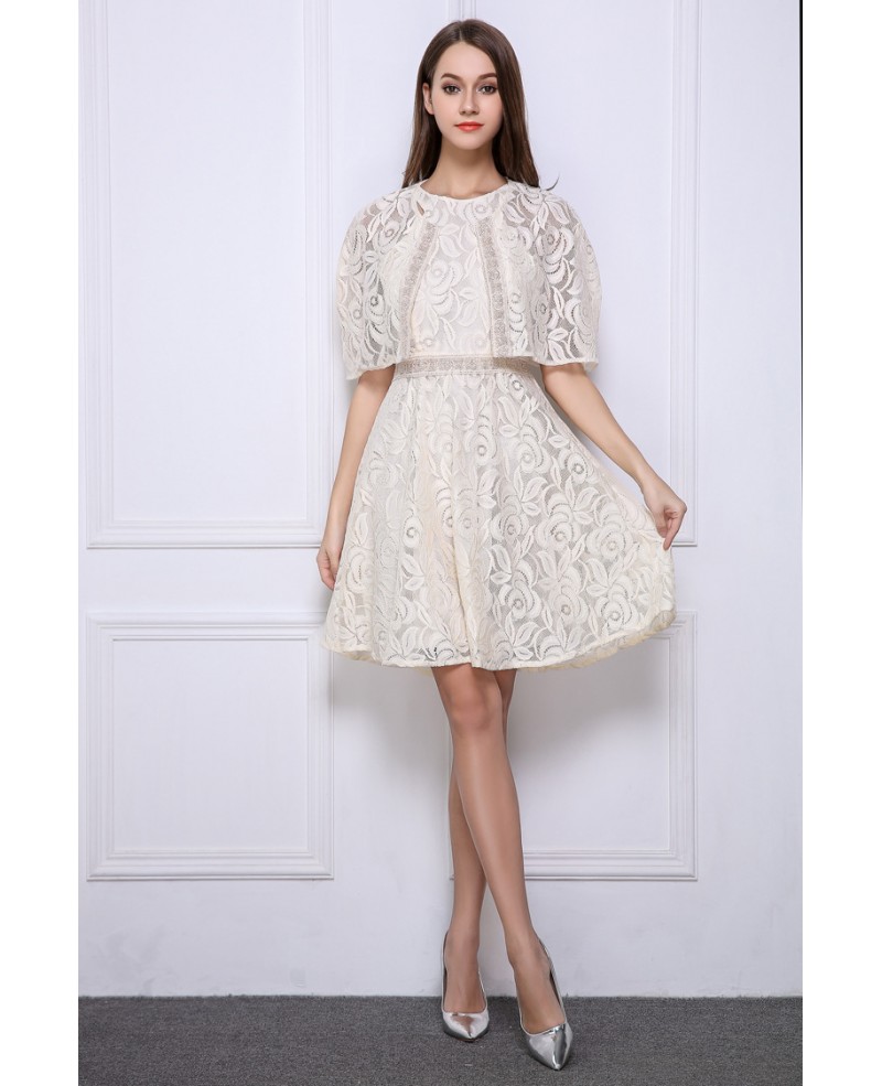 Stylish High Waist Lace Short Wedding Party Dress With Cape