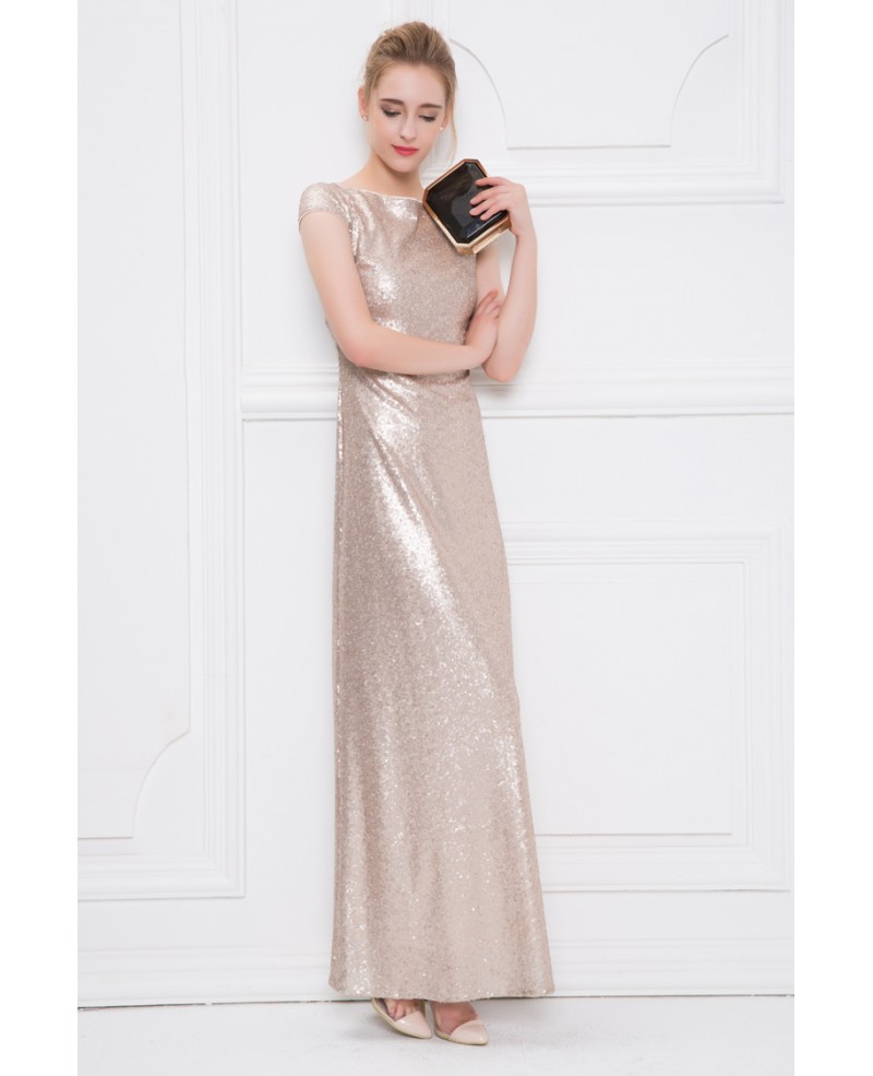 Gorgeous A-Line Sequined Long Evening Dress With Cap Sleeves