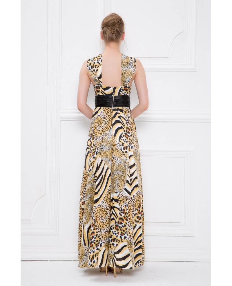 Chic Leopard print Y-neck Chiffon Long Wedding Guest Dress