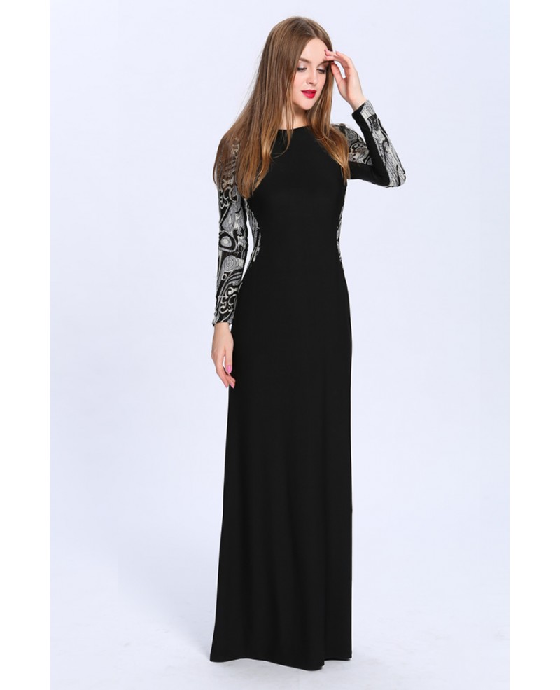 Elegant Sheath Black Long Evening Dress With Printed Sleeves
