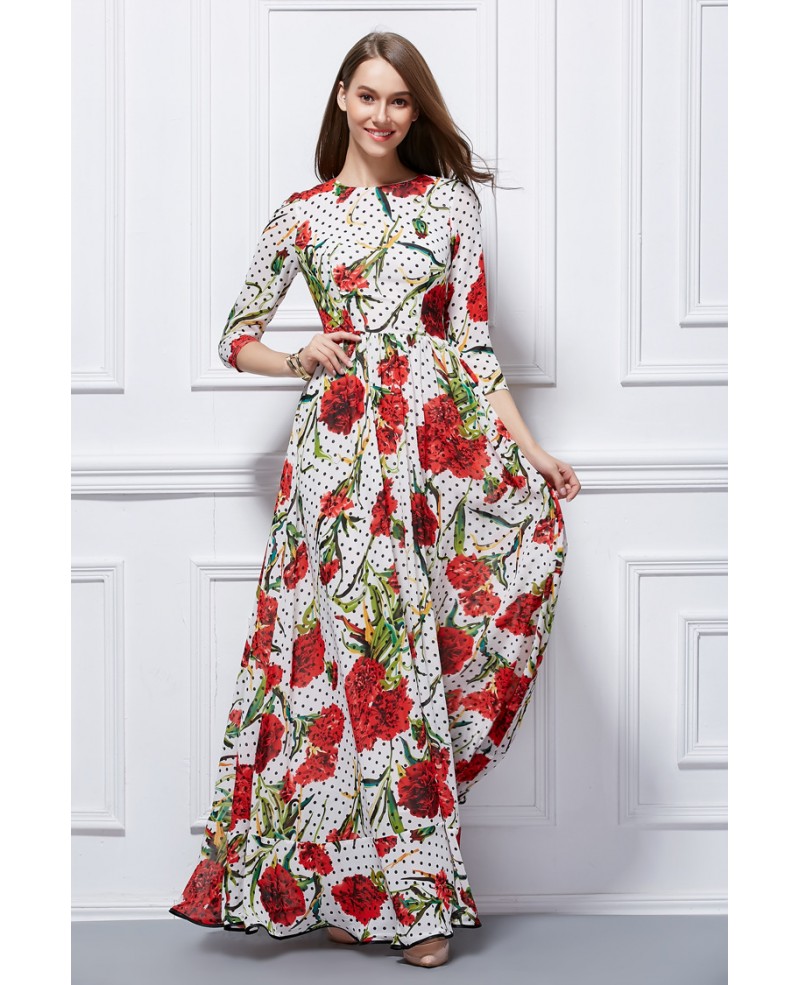 Beautiful A-Line Floral Print Chiffon Long Dress With Sleeves