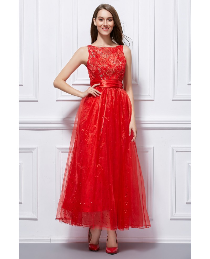 Stylish A-Line Lace Tulle Ankle-Length Prom Dress With Sequins