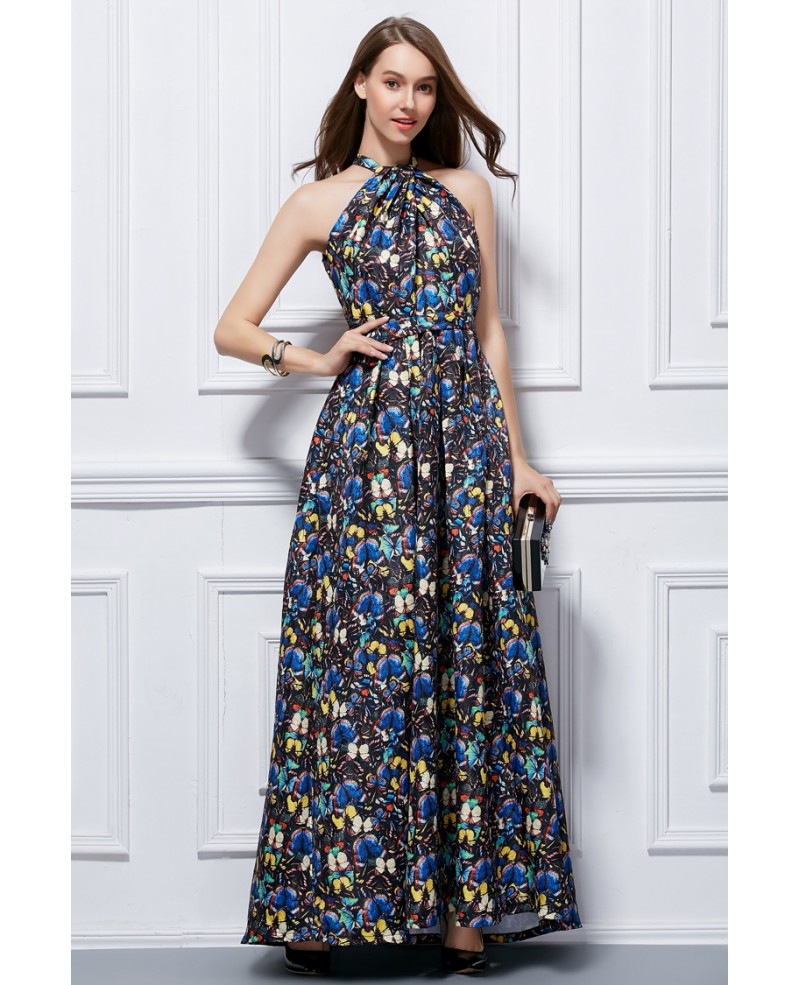 Fashionale A-Line Halter Floral Print Long Wedding Guest Dress