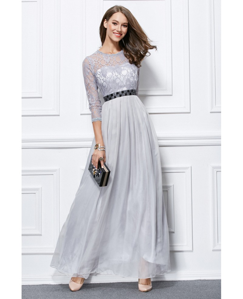 Elegant A-Line Chiffon Lace Long Formal Dress With Sleeves - Click Image to Close
