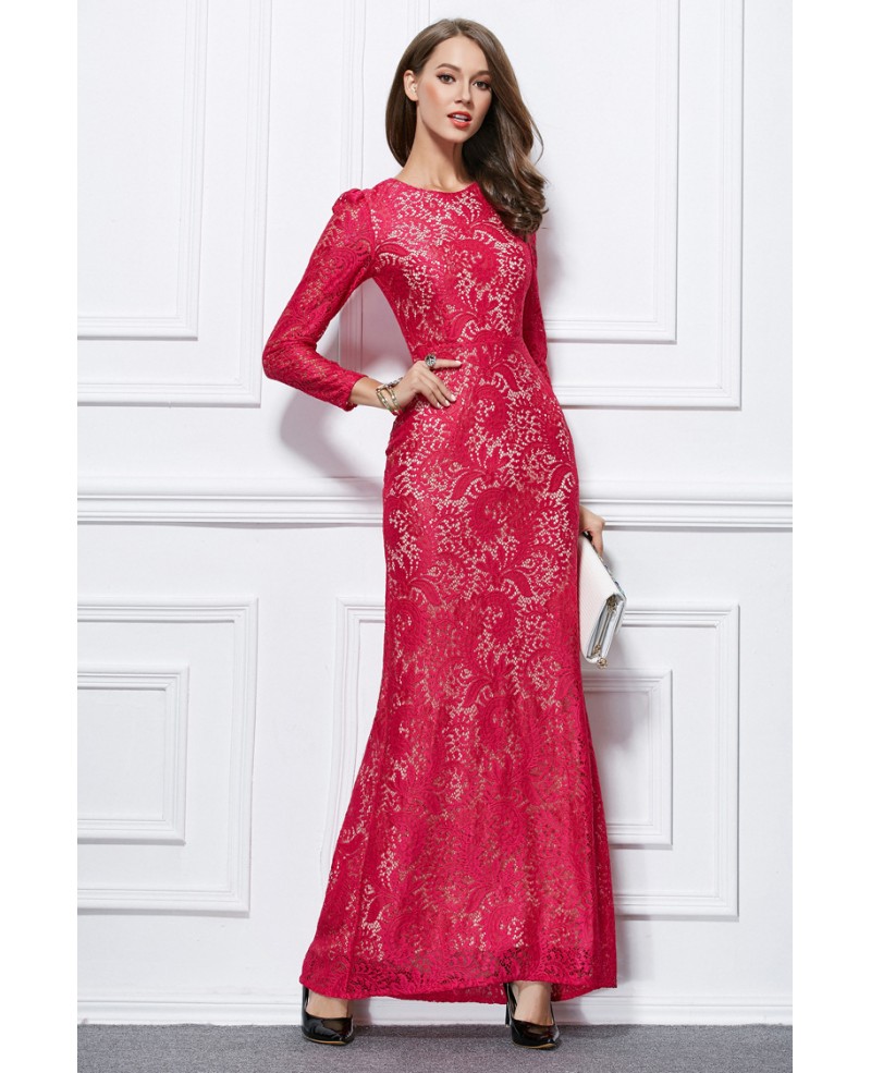 Elegant Sheath Lace Long Evening Dress With Long Sleeves