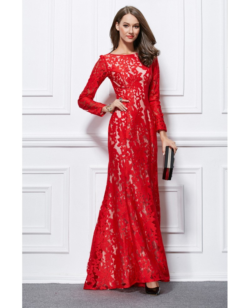 Elegant Mermaid Lace Sweep Train Formal Dress With Long Sleeves - Click Image to Close