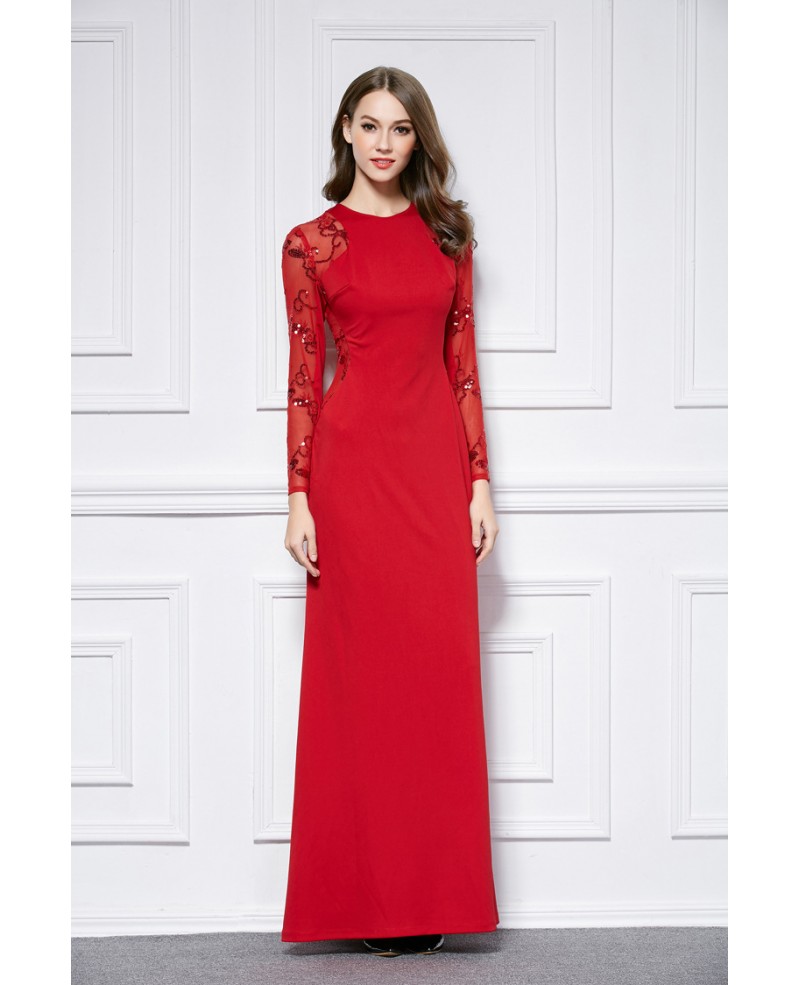 Elegant Sheath Embroided Polyster Long Evening Dress With Long Sleeves