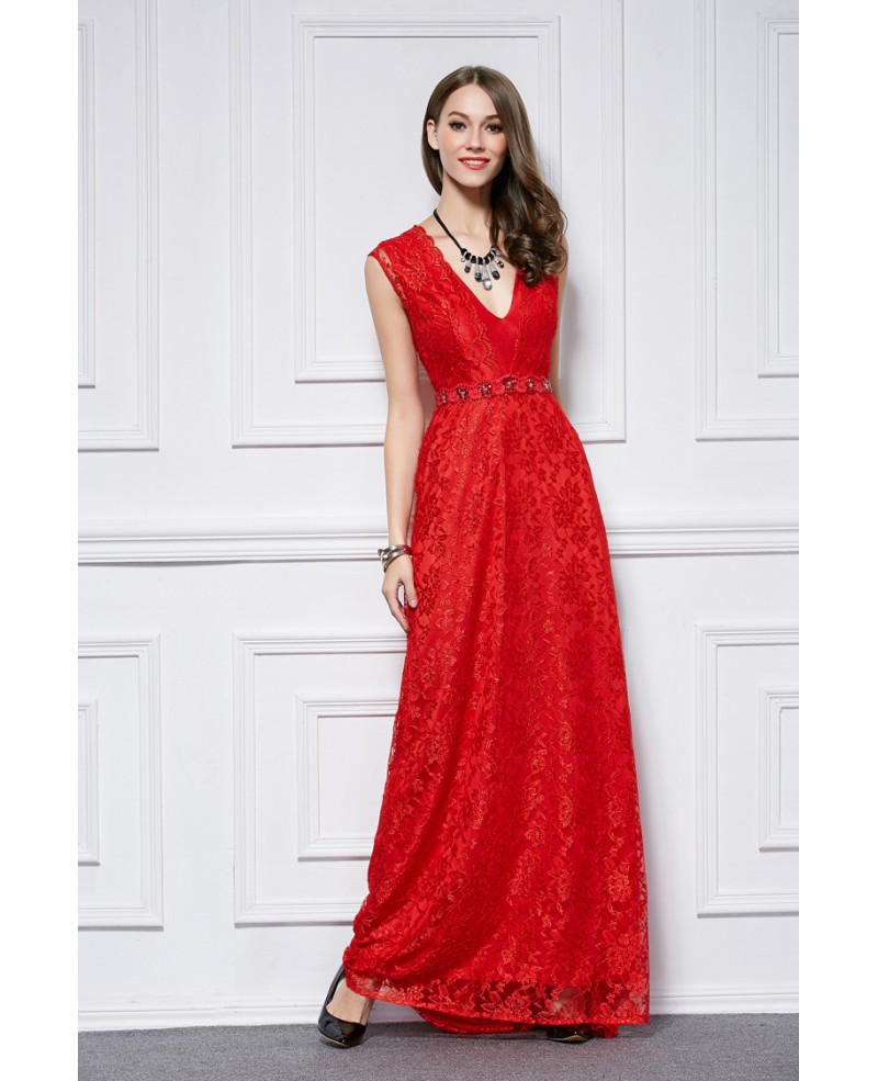 Elegant V-neck Red Lace Long Evening Dress With Sweep Train