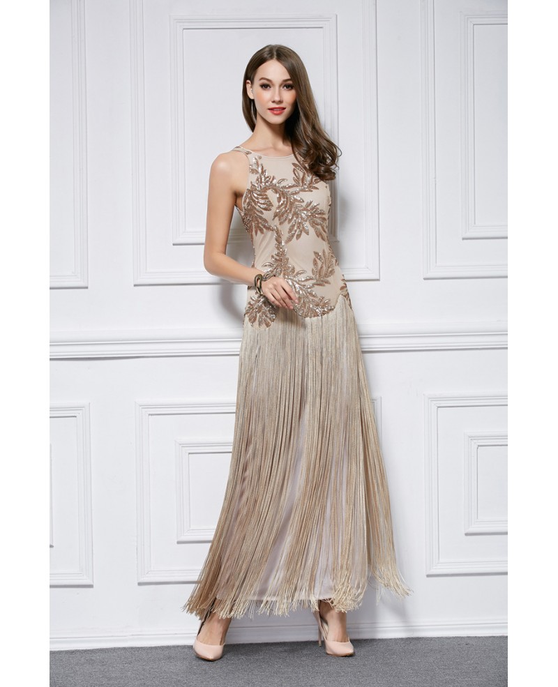 Luxe Embroidered Sequined Evening Dress With Fringe
