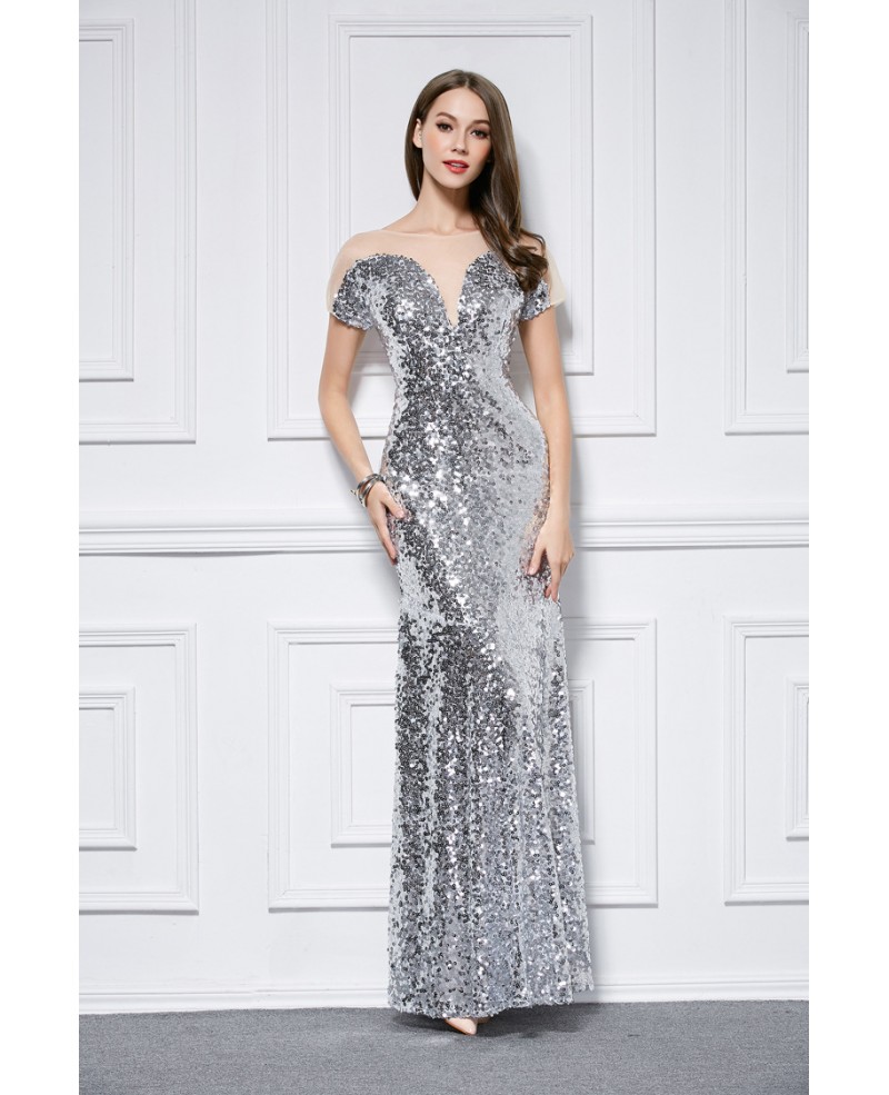 Chic Sheath Sequined Long Prom Dress With Short Sleeves