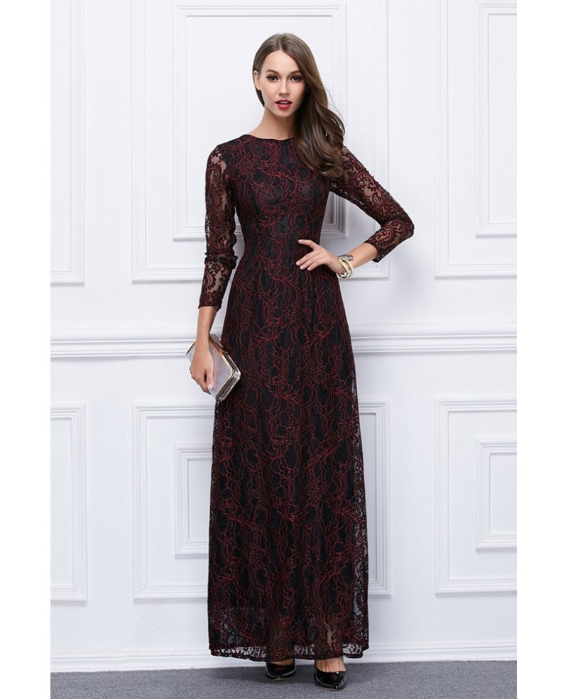 Modest A-line Lace Long Formal Dress With Sleeves