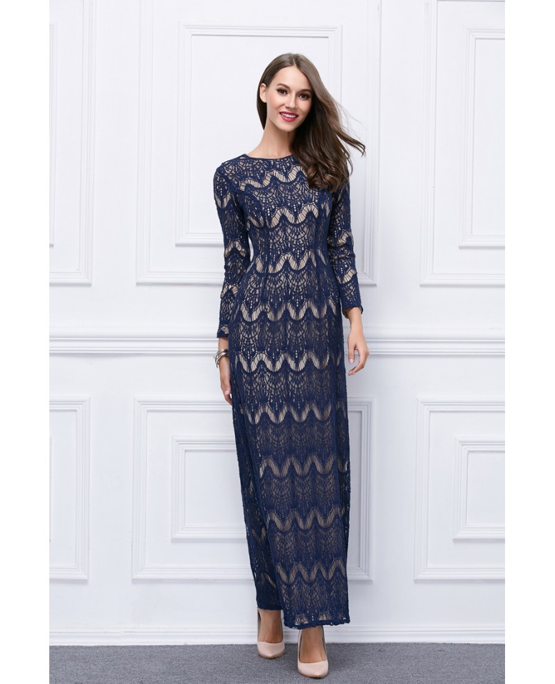 Fashionable A-Line Lace Long Formal Dress With Long Sleeves