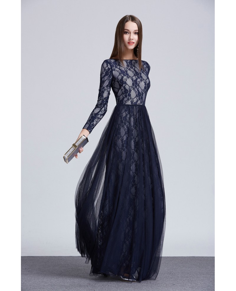 Elegant A-Line Tulle Lace Long Formal Dress With Long Sleeves
