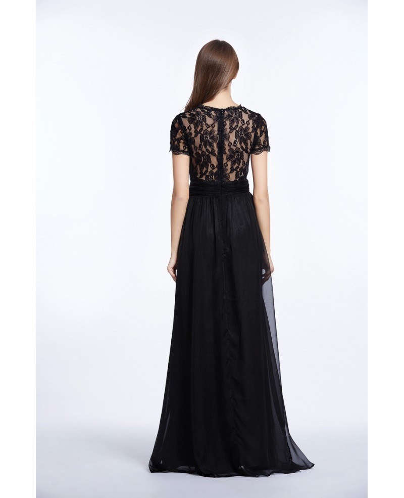 Feminine V-neck Chiffon Lace Long Prom Dress With Short Sleeves