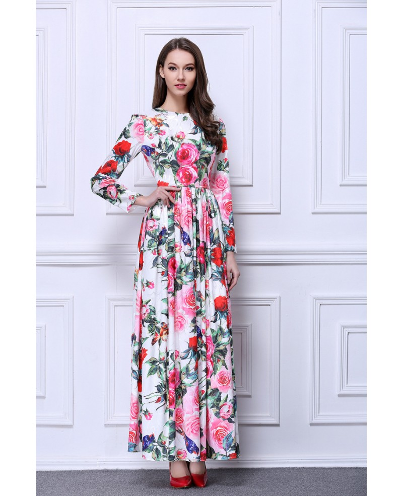 BOHO Floral printed Chiffon Long Wedding Guest Dress With Long Sleeves