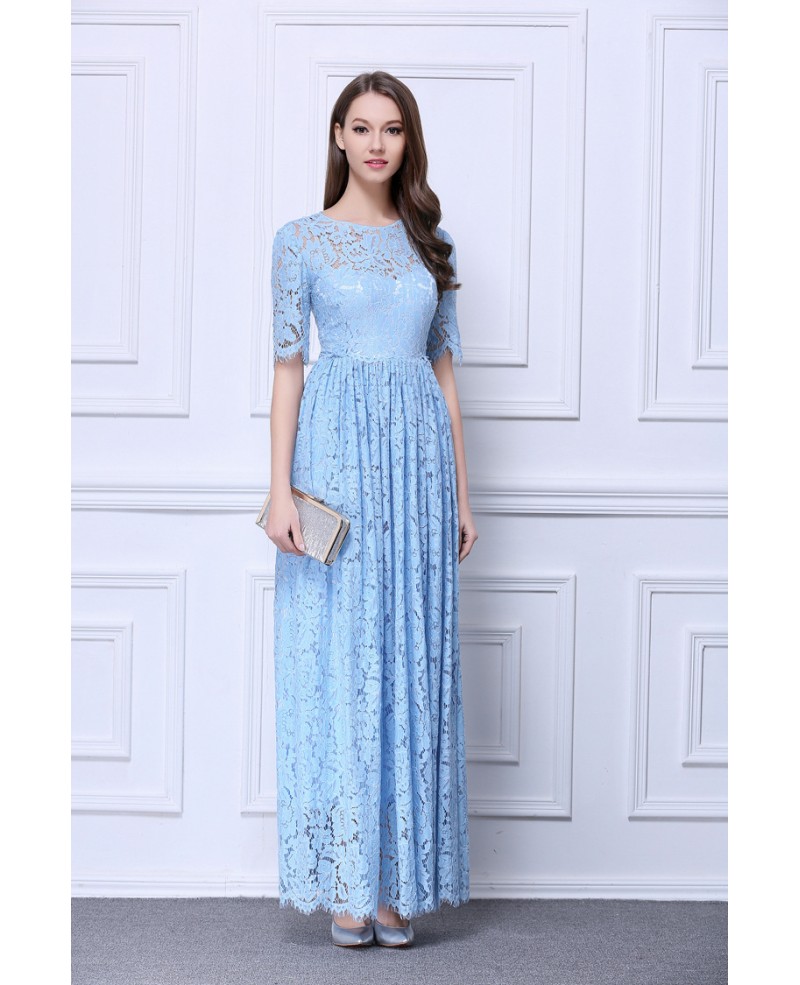 Feminine A-Line Lace Long Prom Dress With Short Sleeves