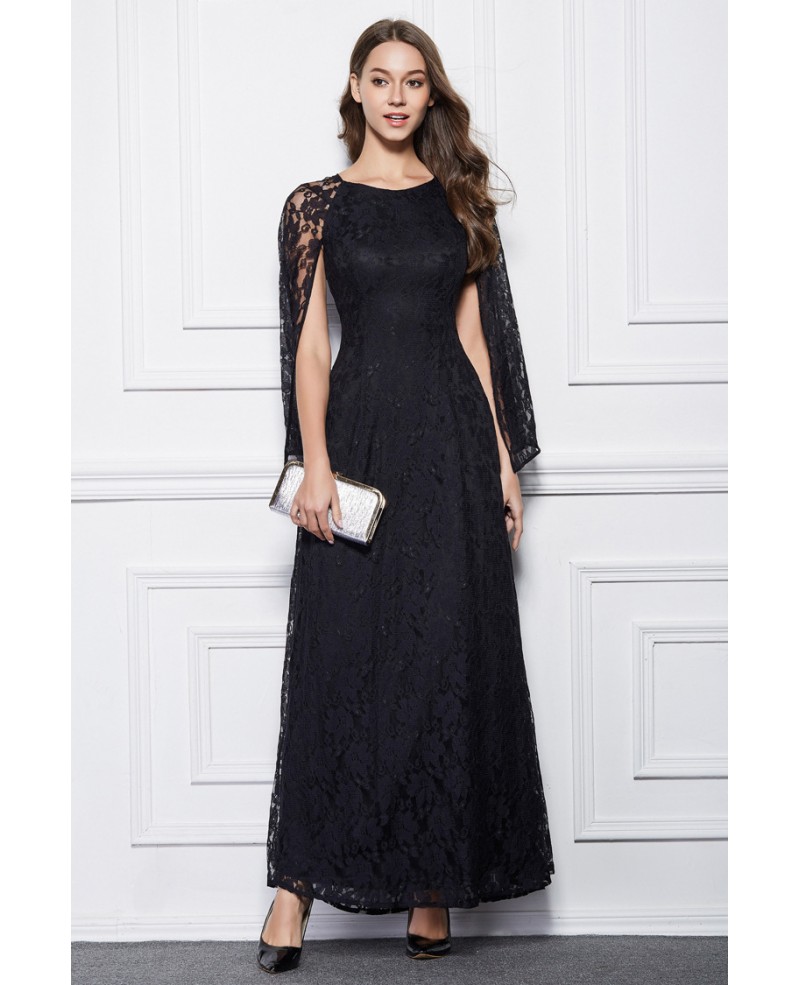 Elegant A-Line Black Lace Long Formal Dress With Cape Sleeves - Click Image to Close