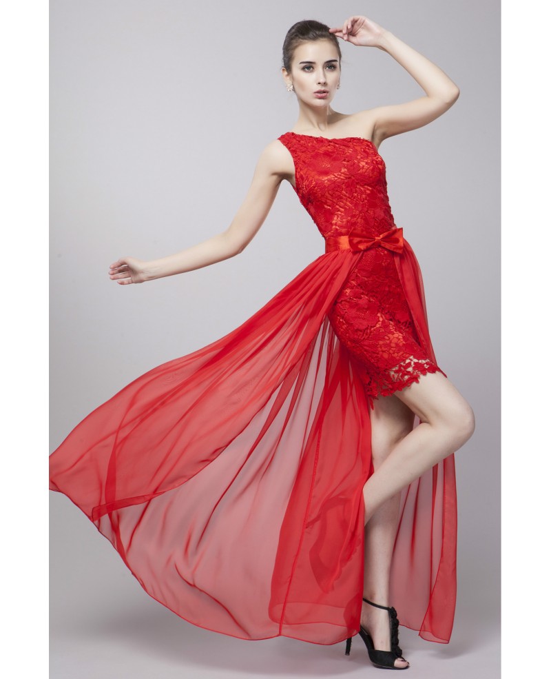 One Shoulder Hot Red Lace High Low Dress