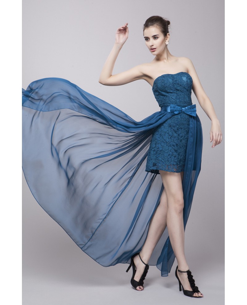 High Low Blue Lace Prom Dress Strapless - Click Image to Close