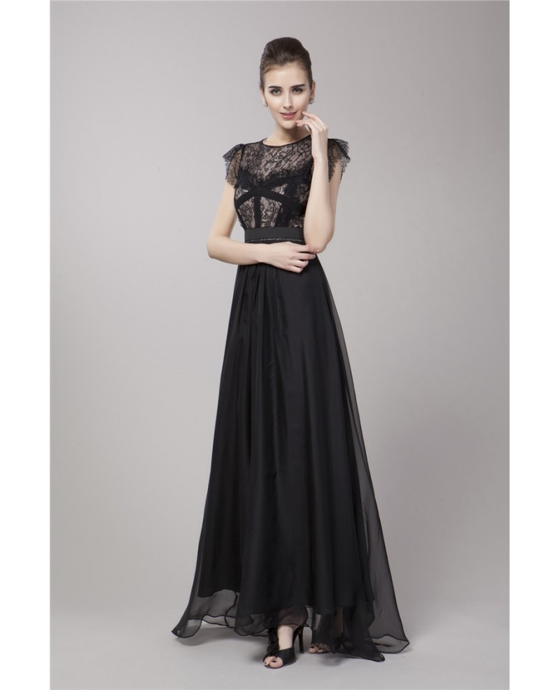 Elegant A-Line Black Chiffon Long Formal Dress With Lace Top